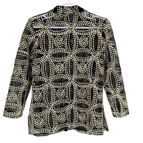 Chicos Travelers Collection 2/ L Black Sheer Gold Needle Stitch Button Up Jacket - Picture 2 of 16